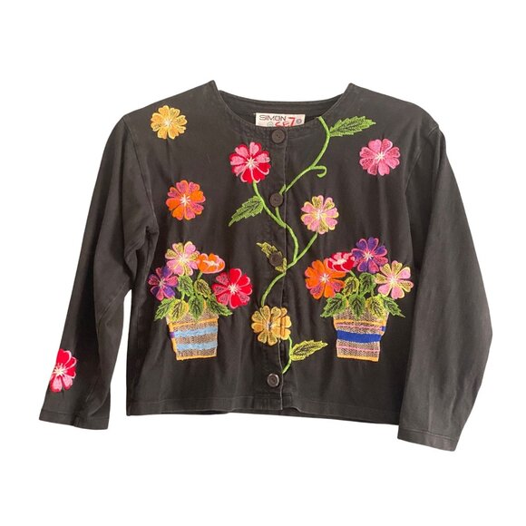 Michael Simon Sez Cardigan Black Multi Floral Embroidered Button Front Girl 7/8 - Picture 2 of 12